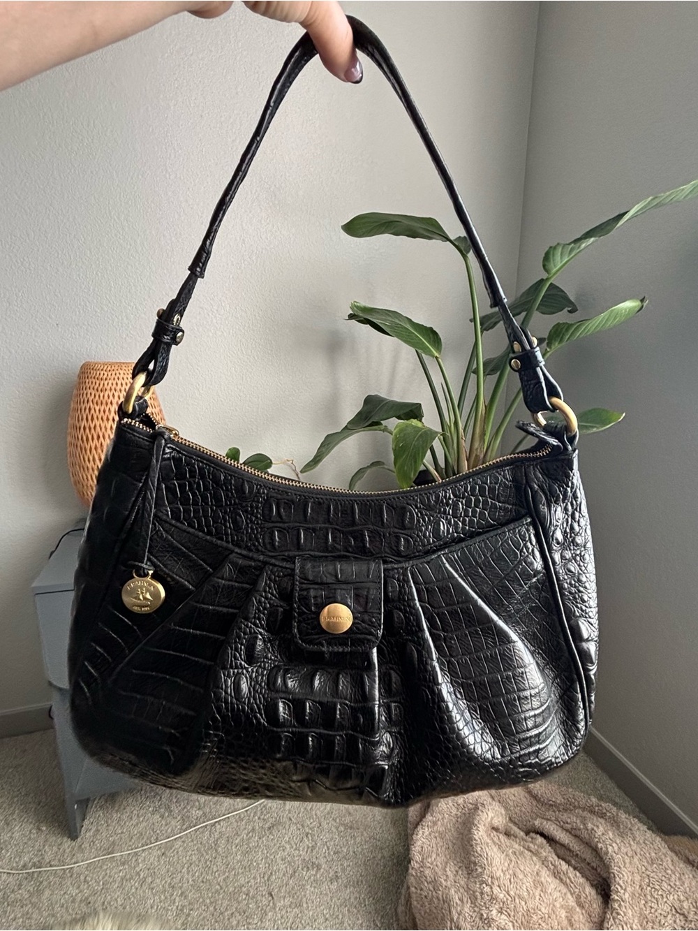 Brahmin Black Vintage Melbourne croc-embossed leather Hobo Shoulder Bag Y2K